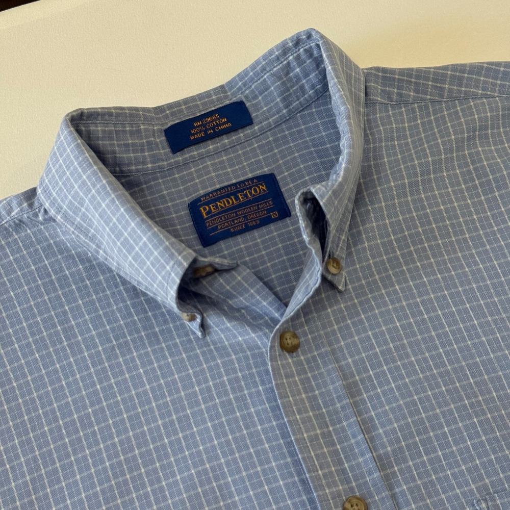 Pendleton Mens Blue White Micro Check Plaid Cotton Button Down Shirt Large L